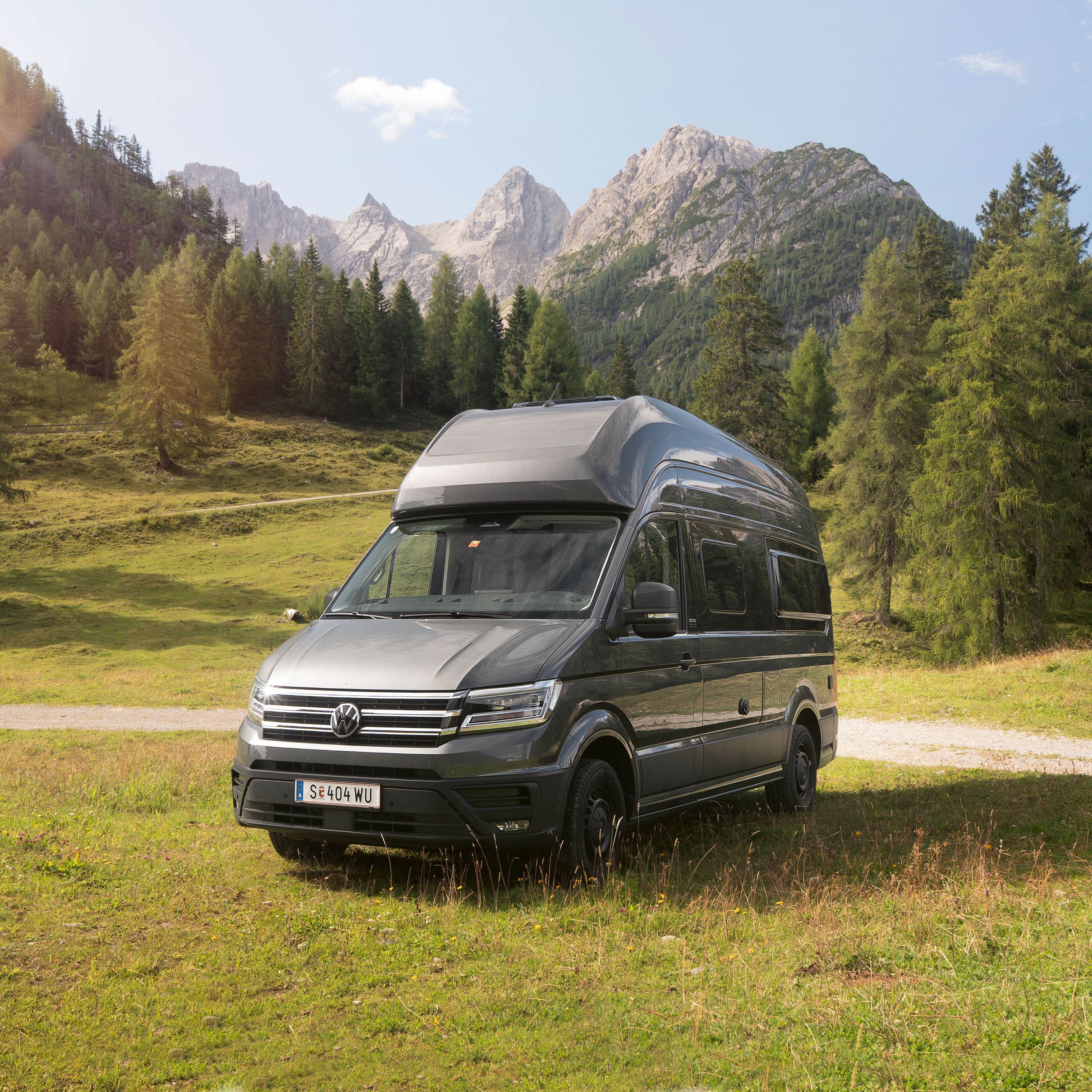 Ein silberner Wohnmobil-Van steht auf einer grünen Wiese vor einer malerischen Berglandschaft mit Bäumen und blauem Himmel.
