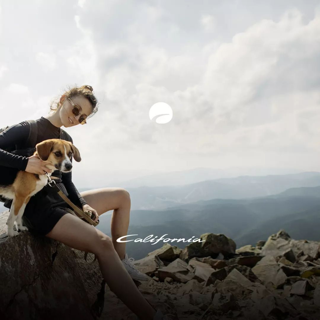 Eine Person sitzt auf einem felsigen Gipfel und hält einen Hund neben sich. Die Landschaft im Hintergrund zeigt hügelige Berge und bewölkten Himmel. Das Wort "California" ist am Bildrand zu sehen.