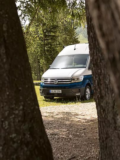 Ein VW Grand California steht zwischen zwei Bäumen.