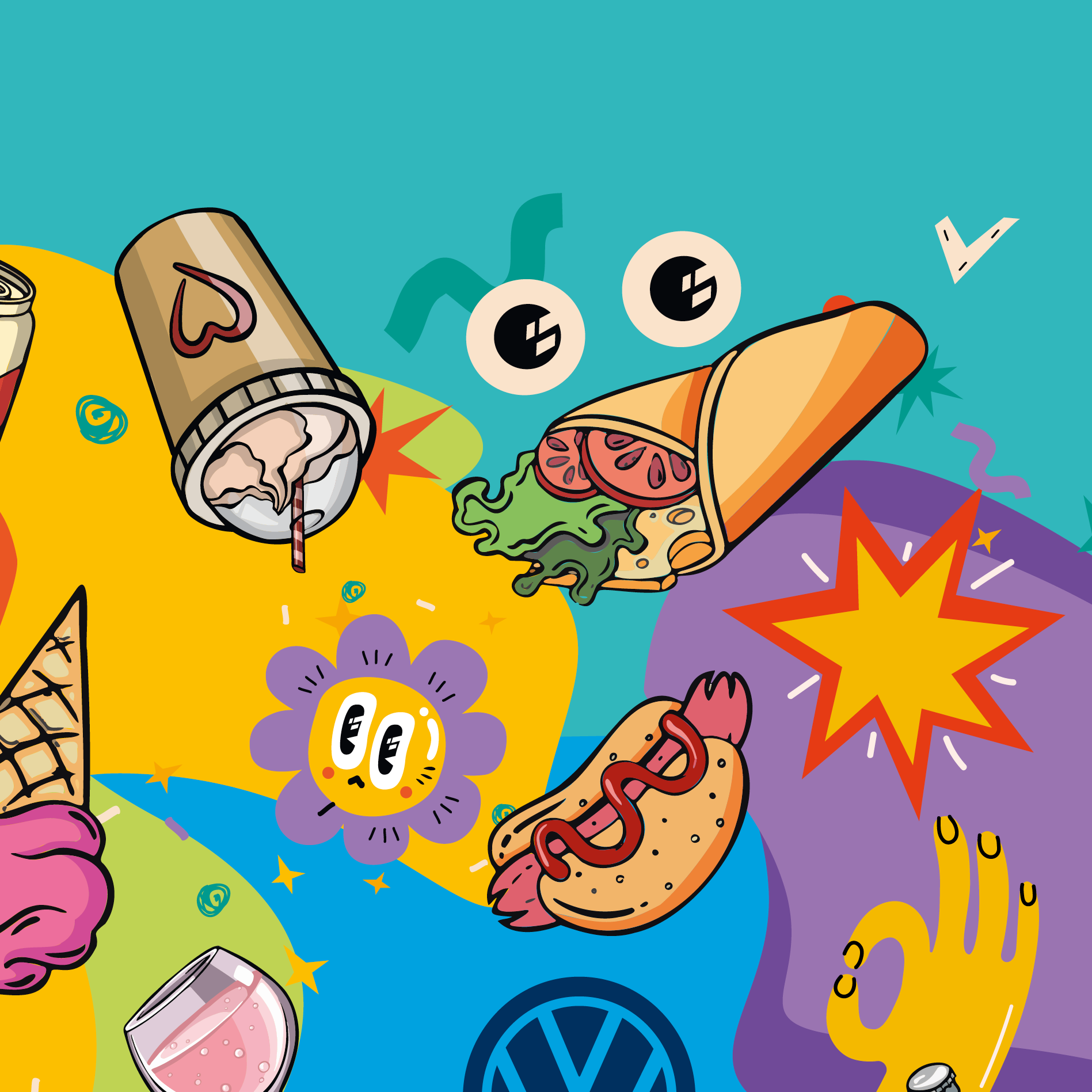 Ein farbenfrohes Bild mit verschiedenen Cartoon-Nahrungsmitteln und Getränken, darunter Burger, Pommes, Taco, Getränkedosen und Weinglas. Text: "Rent a BUZZ" und "Get a bar". Volkswagen-Logo unten rechts mit dem Zusatz "Nutzfahrzeuge".