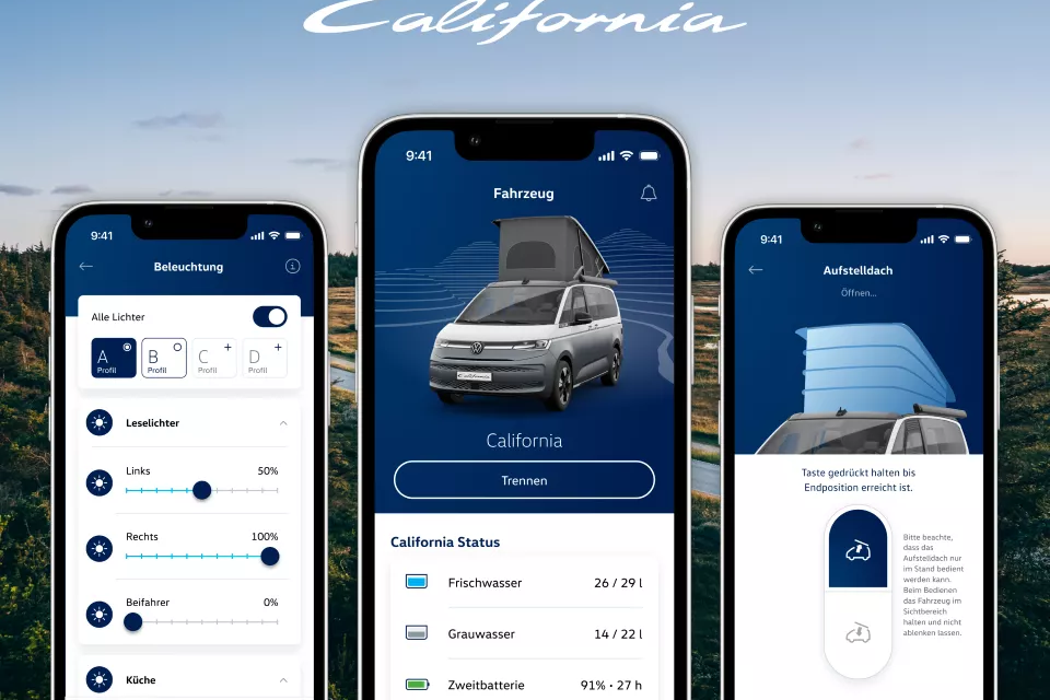 California‑App mit drei Smartphone‑Screens vor einer Naturkulisse und dem Schriftzug „California“ oben. Der mittlere Screen zeigt einen grauen Campingbus mit Aufstelldach und Statusdaten wie Frischwasser und Batteriestand. Die beiden seitlichen Screens zeigen Steuerungsmöglichkeiten für Beleuchtung und das Öffnen des Aufstelldachs mit Symbolen und Reglern.