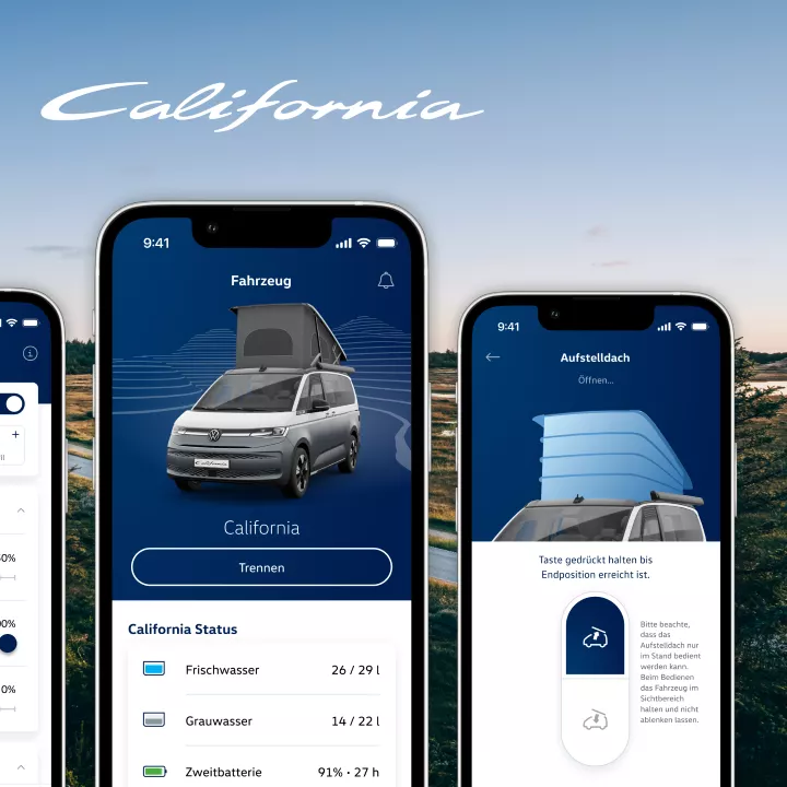 California‑App mit drei Smartphone‑Screens vor einer Naturkulisse und dem Schriftzug „California“ oben. Der mittlere Screen zeigt einen grauen Campingbus mit Aufstelldach und Statusdaten wie Frischwasser und Batteriestand. Die beiden seitlichen Screens zeigen Steuerungsmöglichkeiten für Beleuchtung und das Öffnen des Aufstelldachs mit Symbolen und Reglern.
