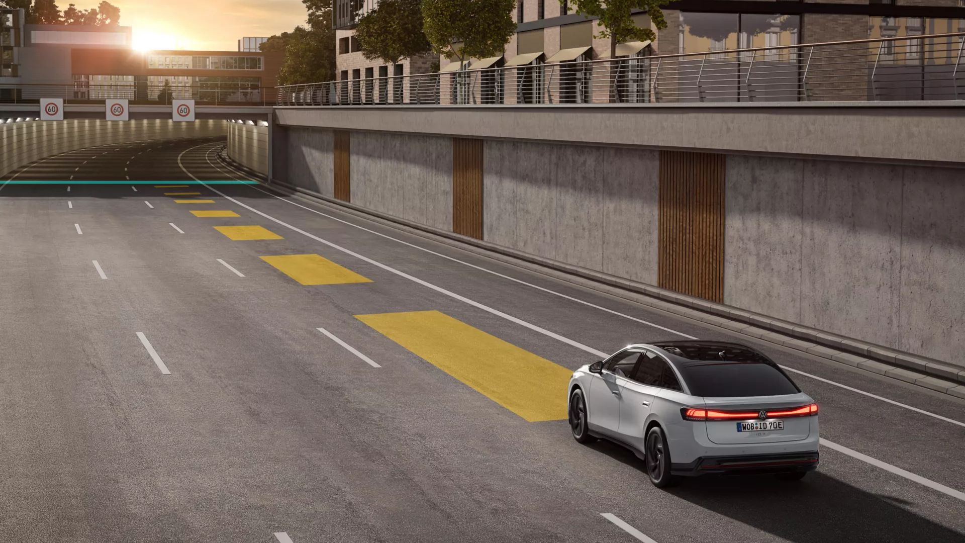 Illustration zeigt schematisch anhand eines VW ID.7 die Funktionsweise der automatischen Distanzregelung ACC.