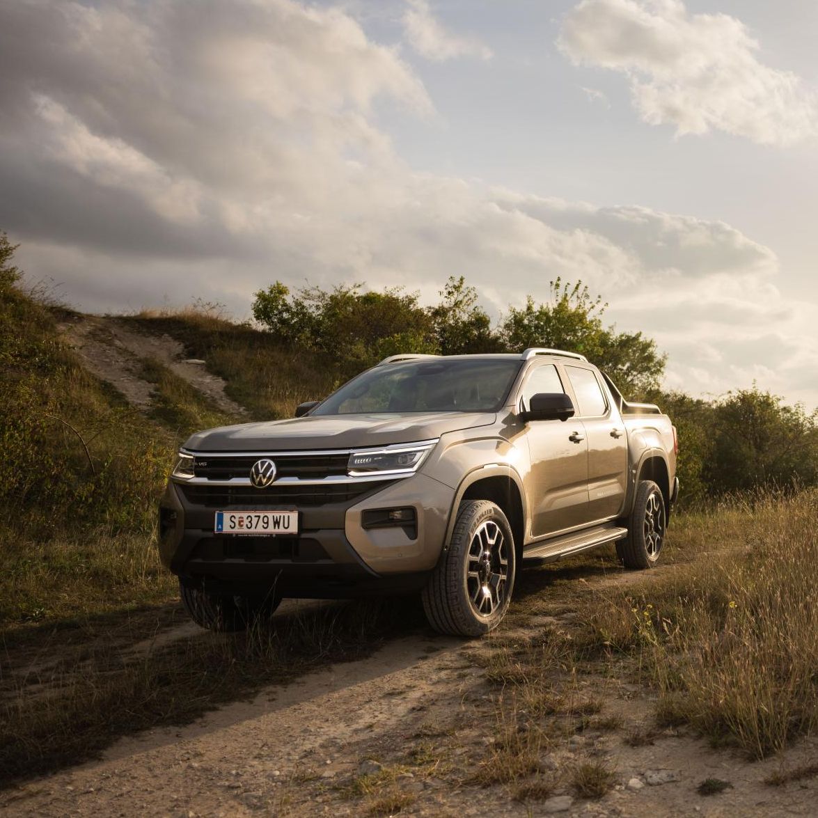 Der VW Amarok steht im Gelände.