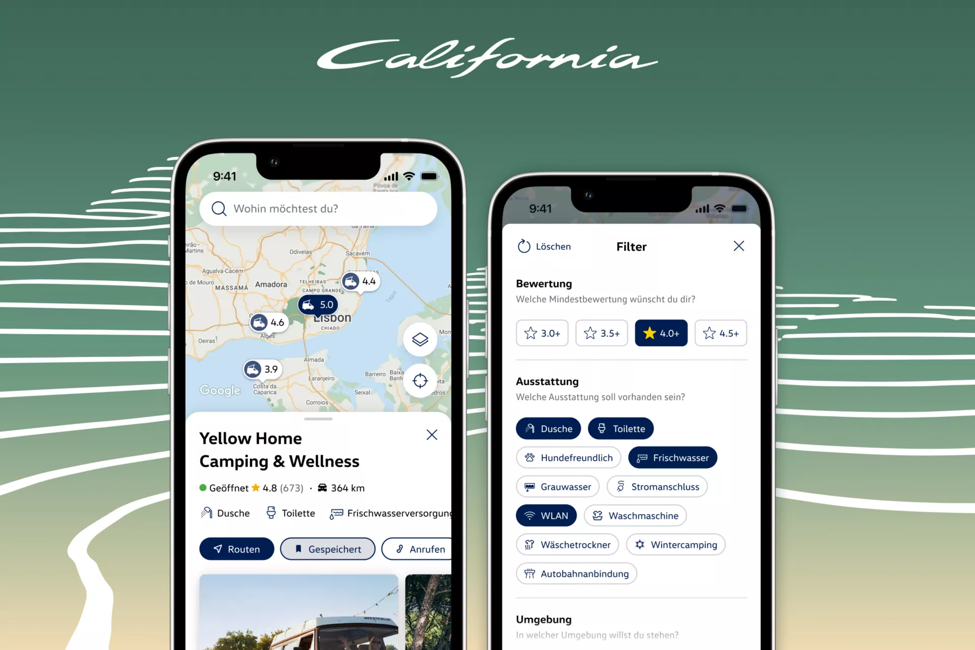 Zwei Smartphone-Bildschirme zeigen die California-App mit einer Kartenansicht links und einer Filterübersicht rechts. Links ist ein Campingplatz „Yellow Home Camping & Wellness“ mit Standort auf der Karte, Bild eines braunen Campervans und Infos zu Öffnungszeiten und Ausstattung zu sehen. Rechts werden Filter für Bewertung (Sterne) und Ausstattung wie Dusche, WLAN, Stromanschluss und Waschmaschine angezeigt, vor einem stilisierten Hintergrund mit dem Schriftzug „California“.