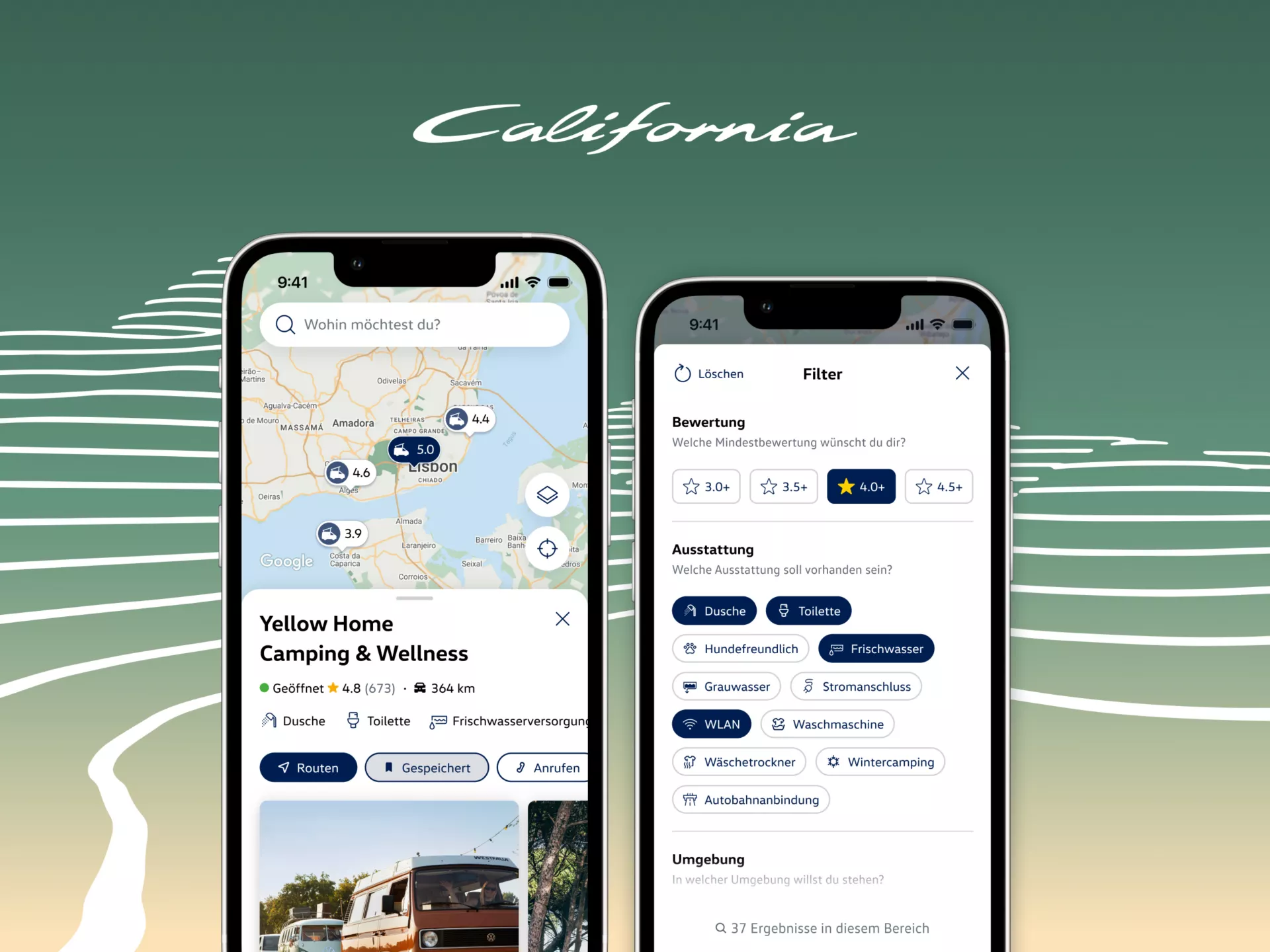 Zwei Smartphone-Bildschirme zeigen die California-App mit einer Kartenansicht links und einer Filterübersicht rechts. Links ist ein Campingplatz „Yellow Home Camping & Wellness“ mit Standort auf der Karte, Bild eines braunen Campervans und Infos zu Öffnungszeiten und Ausstattung zu sehen. Rechts werden Filter für Bewertung (Sterne) und Ausstattung wie Dusche, WLAN, Stromanschluss und Waschmaschine angezeigt, vor einem stilisierten Hintergrund mit dem Schriftzug „California“.