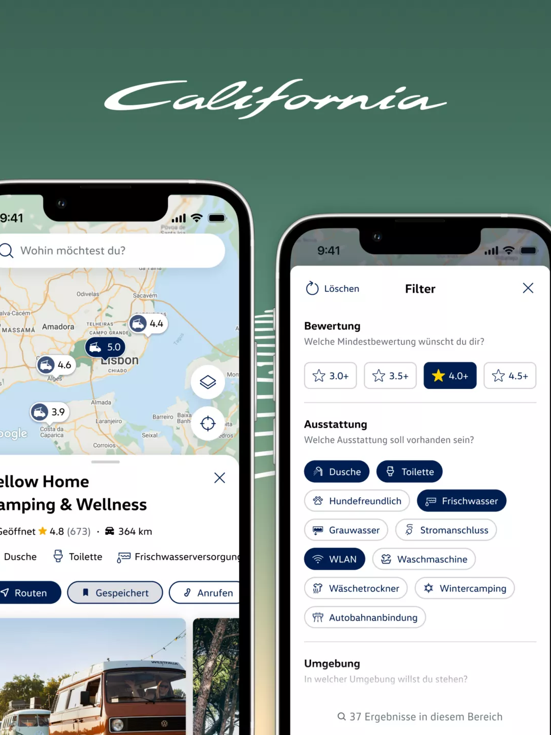 Zwei Smartphone-Bildschirme zeigen die California-App mit einer Kartenansicht links und einer Filterübersicht rechts. Links ist ein Campingplatz „Yellow Home Camping & Wellness“ mit Standort auf der Karte, Bild eines braunen Campervans und Infos zu Öffnungszeiten und Ausstattung zu sehen. Rechts werden Filter für Bewertung (Sterne) und Ausstattung wie Dusche, WLAN, Stromanschluss und Waschmaschine angezeigt, vor einem stilisierten Hintergrund mit dem Schriftzug „California“.