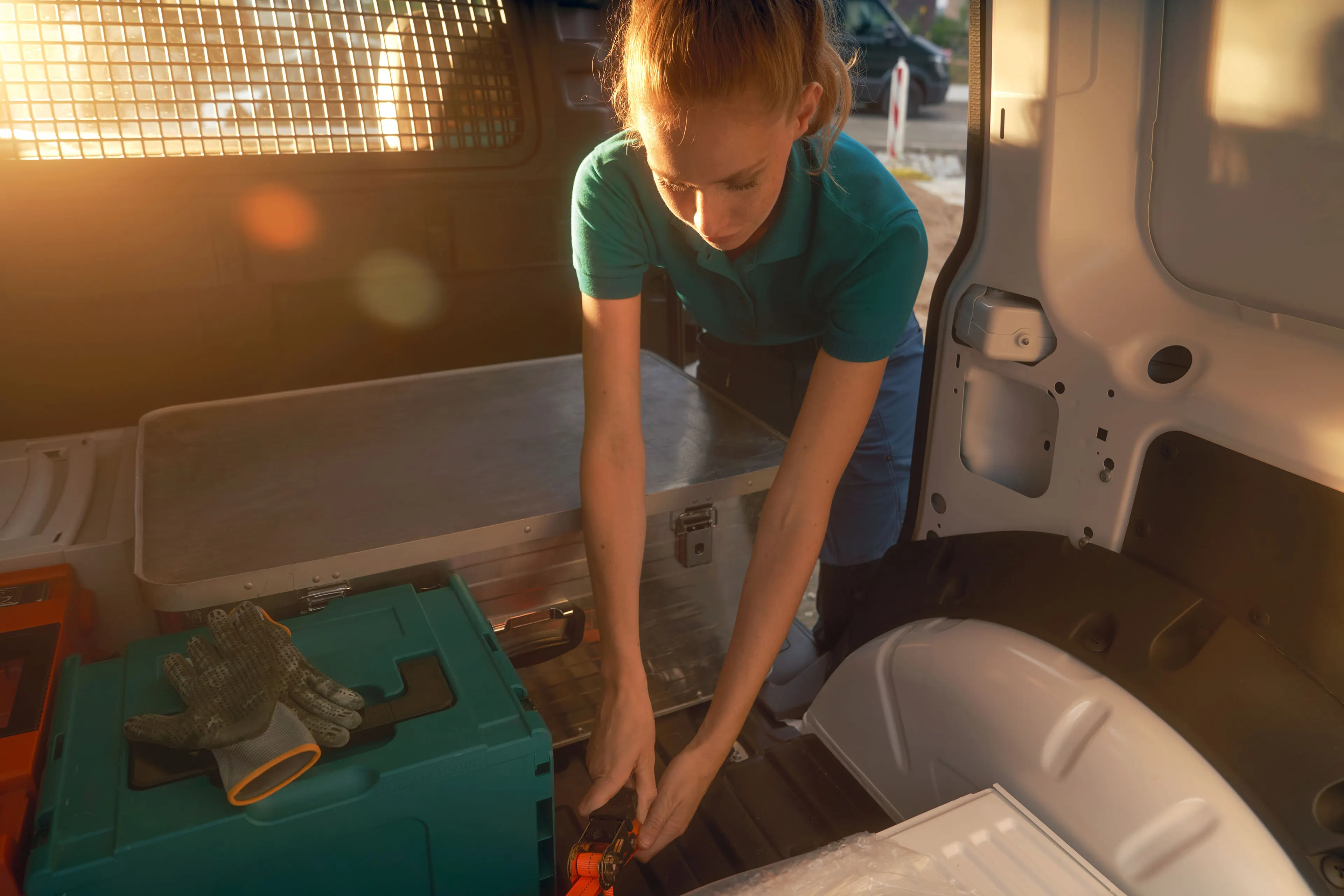 Eine Frau beim Beladen eines weißen VW Caddy Cargo.