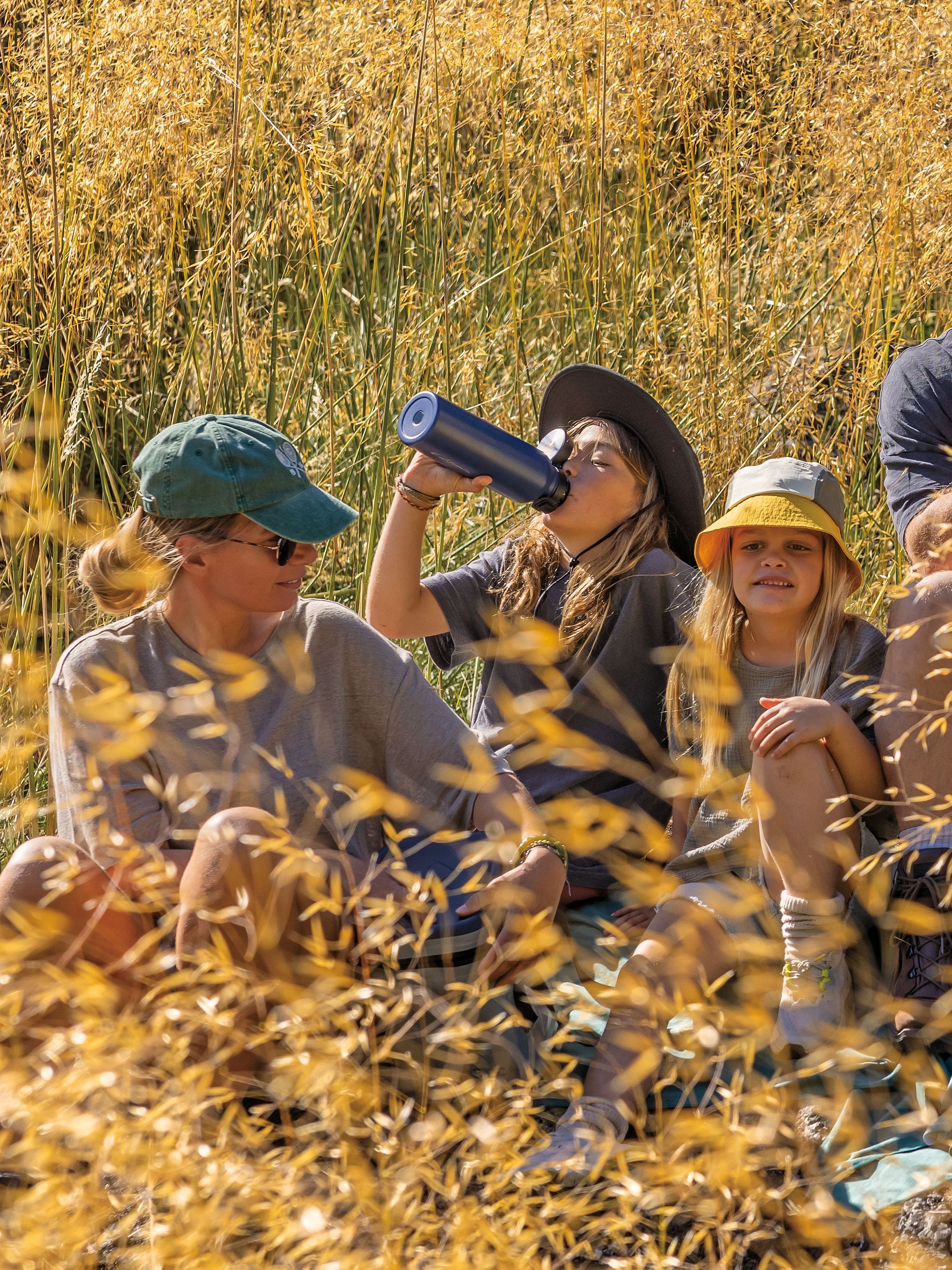 Eine vierköpfige Familie sitzt in der Natur 