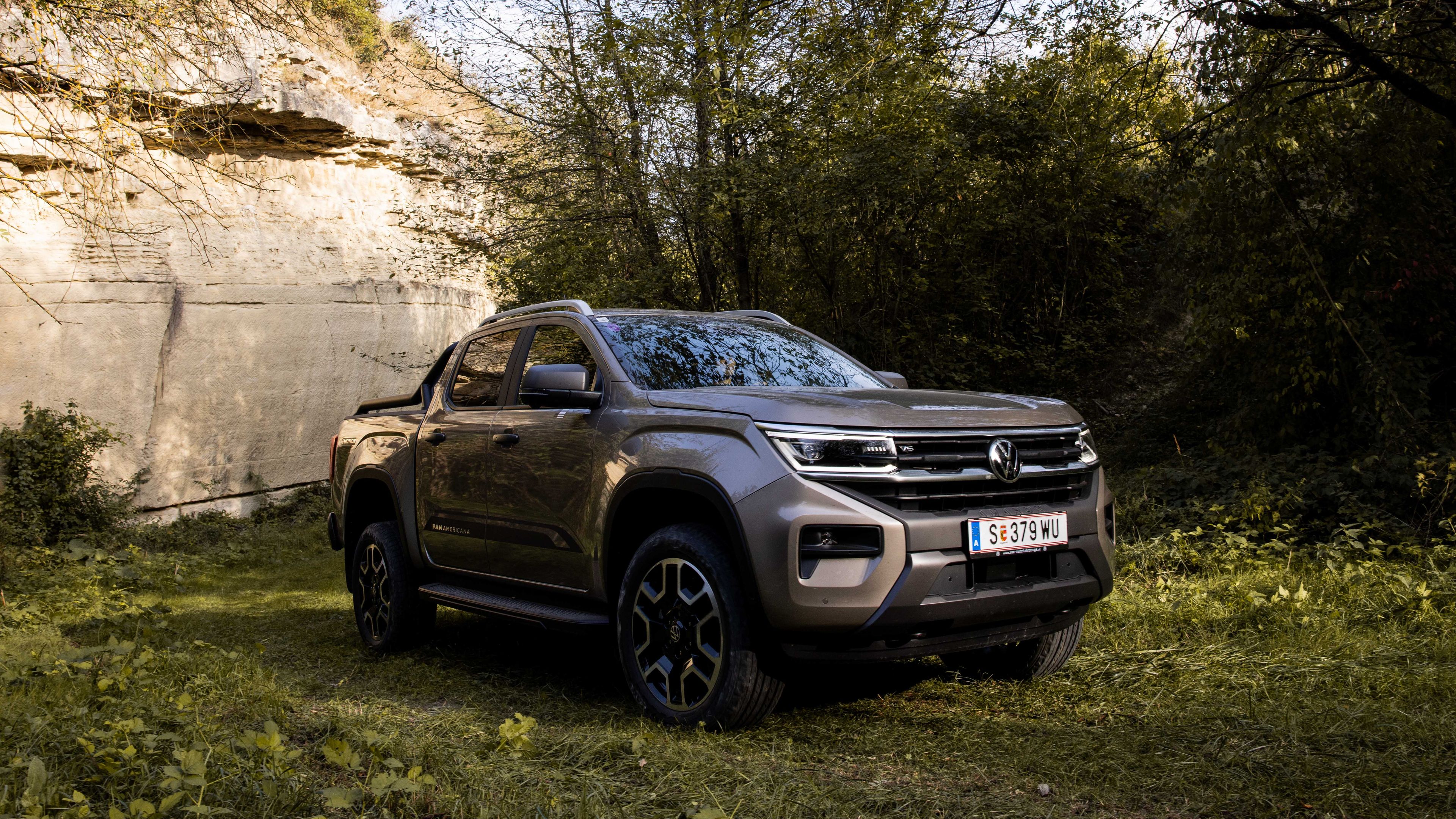 Der VW Amarok steht im Wald.
