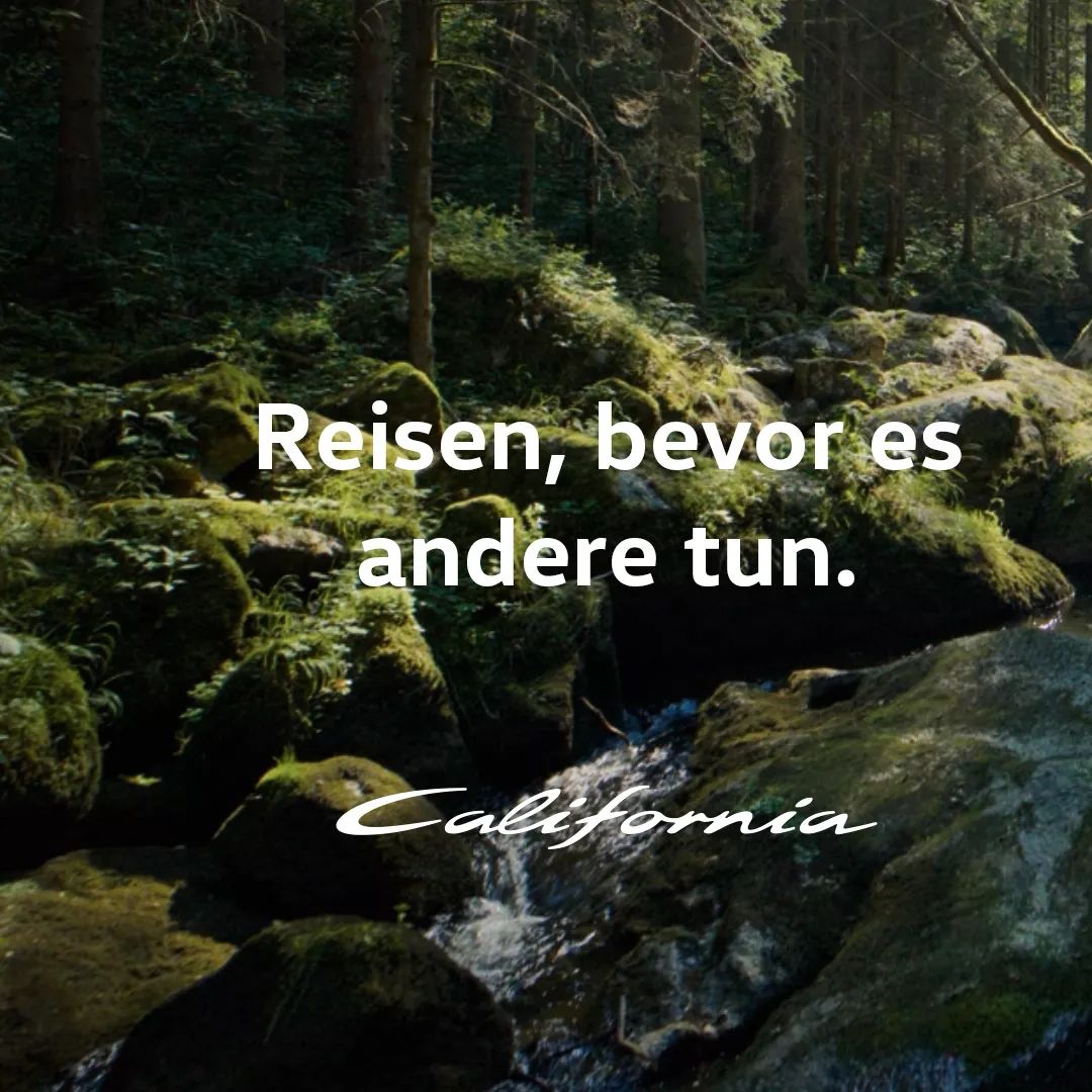 Weißer, handschriftlicher Schriftzug "California" in kursiver Schrift unter der Überschrift "Reisen, bevor es andere tun." Im Hintergrund ist eine ruhige Waldlandschaft mit einem sanft fließenden Bach.