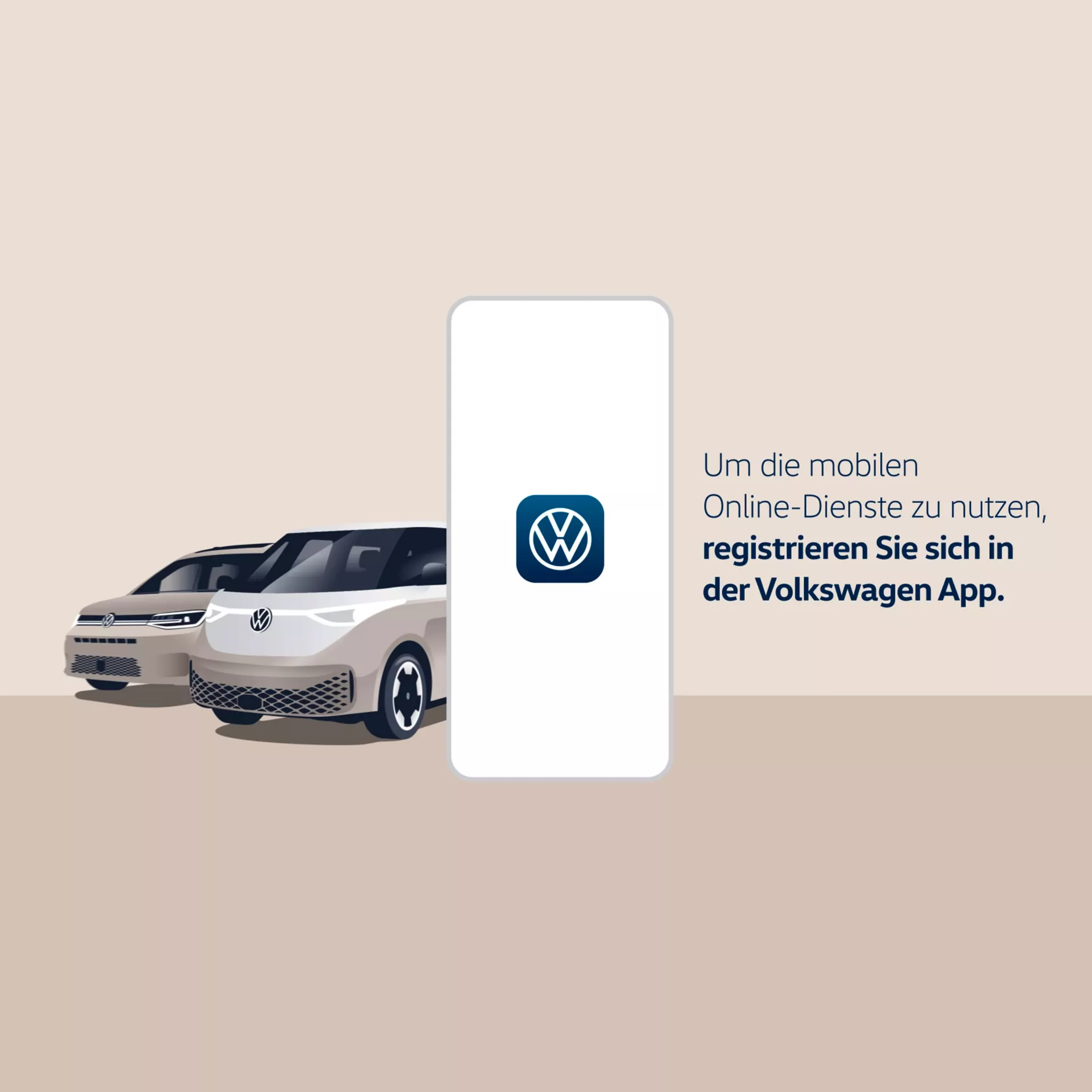 Eine Illustration zeigt zwei Autos und ein Smartphone mit dem Volkswagen Logo. Neben dem Handy steht "Um die mobilen Online-Dienste zu nutzen, registrieren Sie sich in der Volkswagen App."