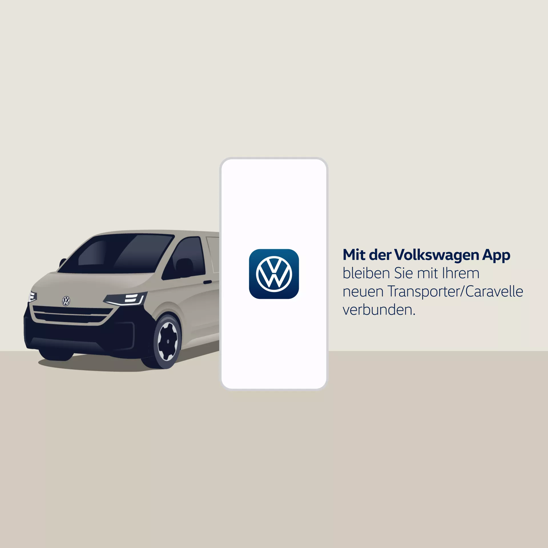 Ein grauer Volkswagen Transporter/Caravelle neben einem Smartphone mit dem Volkswagen-Logo auf dem Bildschirm. Text neben dem Smartphone: "Mit der Volkswagen App bleiben Sie mit Ihrem neuen Transporter/Caravelle verbunden."
