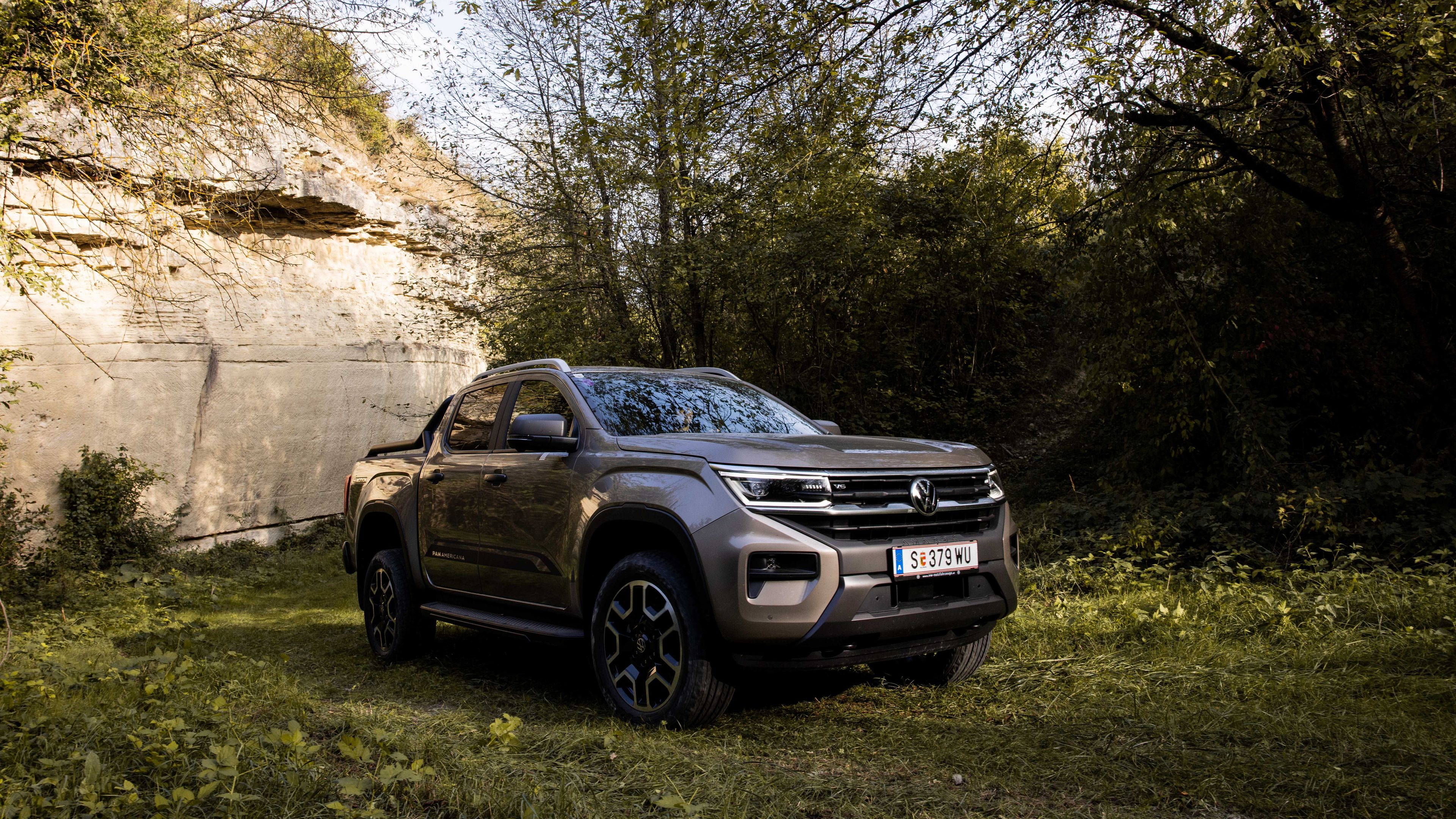 Der VW Amarok steht im Wald.