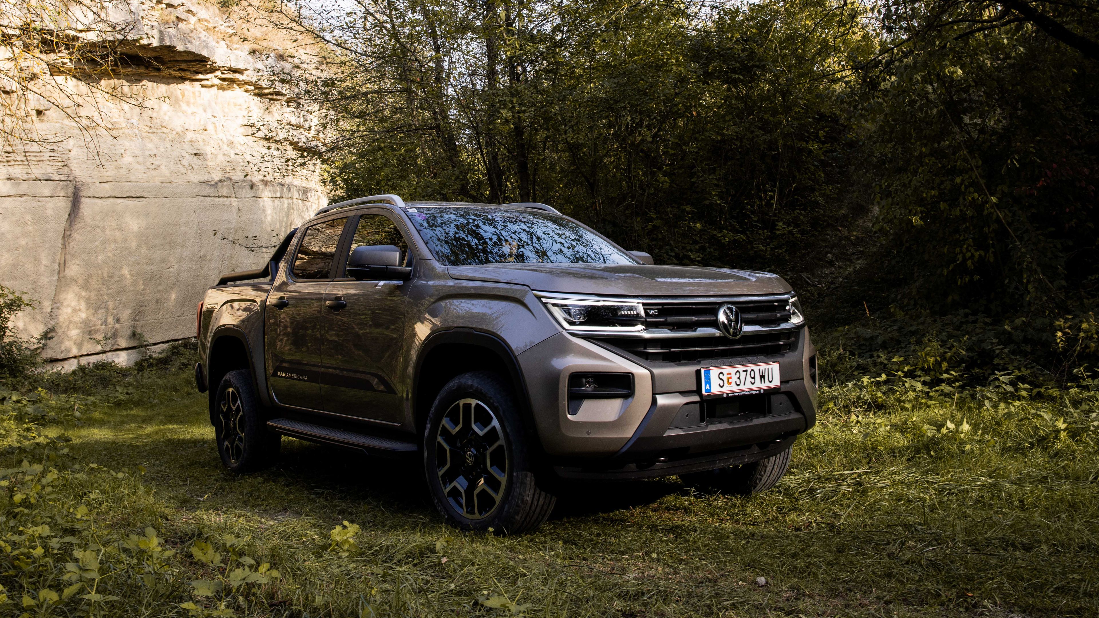 Der VW Amarok steht im Wald.