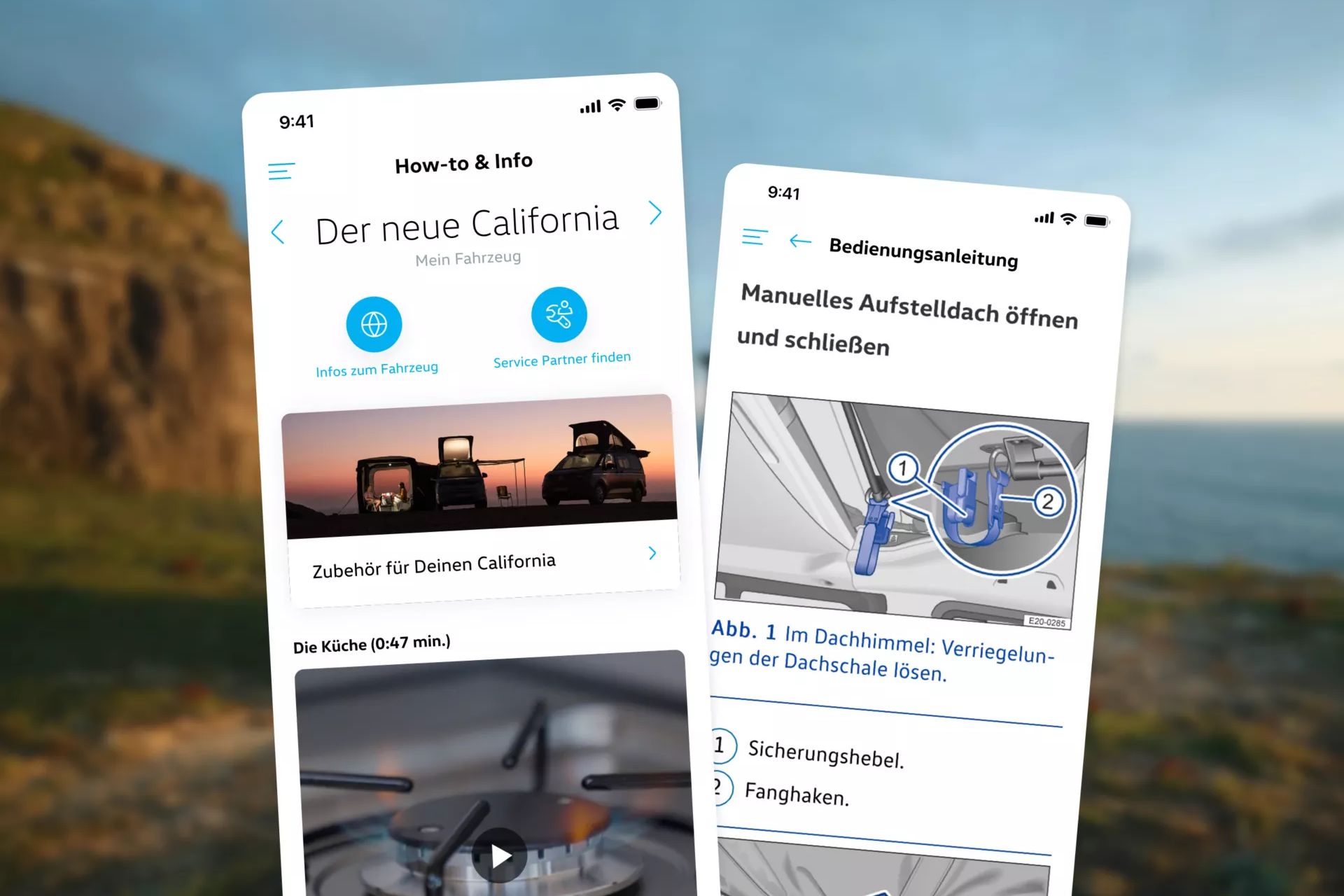 Zwei Smartphones zeigen eine Anleitung zum neuen California. Das linke Handy zeigt die Startseite, während das rechte die Bedienungsanleitung für das manuelle Öffnen des Dachs zeigt. Der Hintergrund zeigt eine Küstenlandschaft.