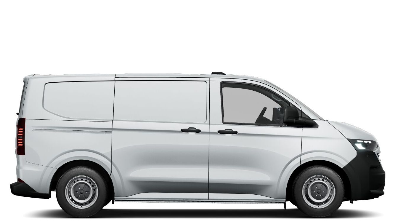 Ein weißer VW e-Transporter Kastenwagen von der Seite