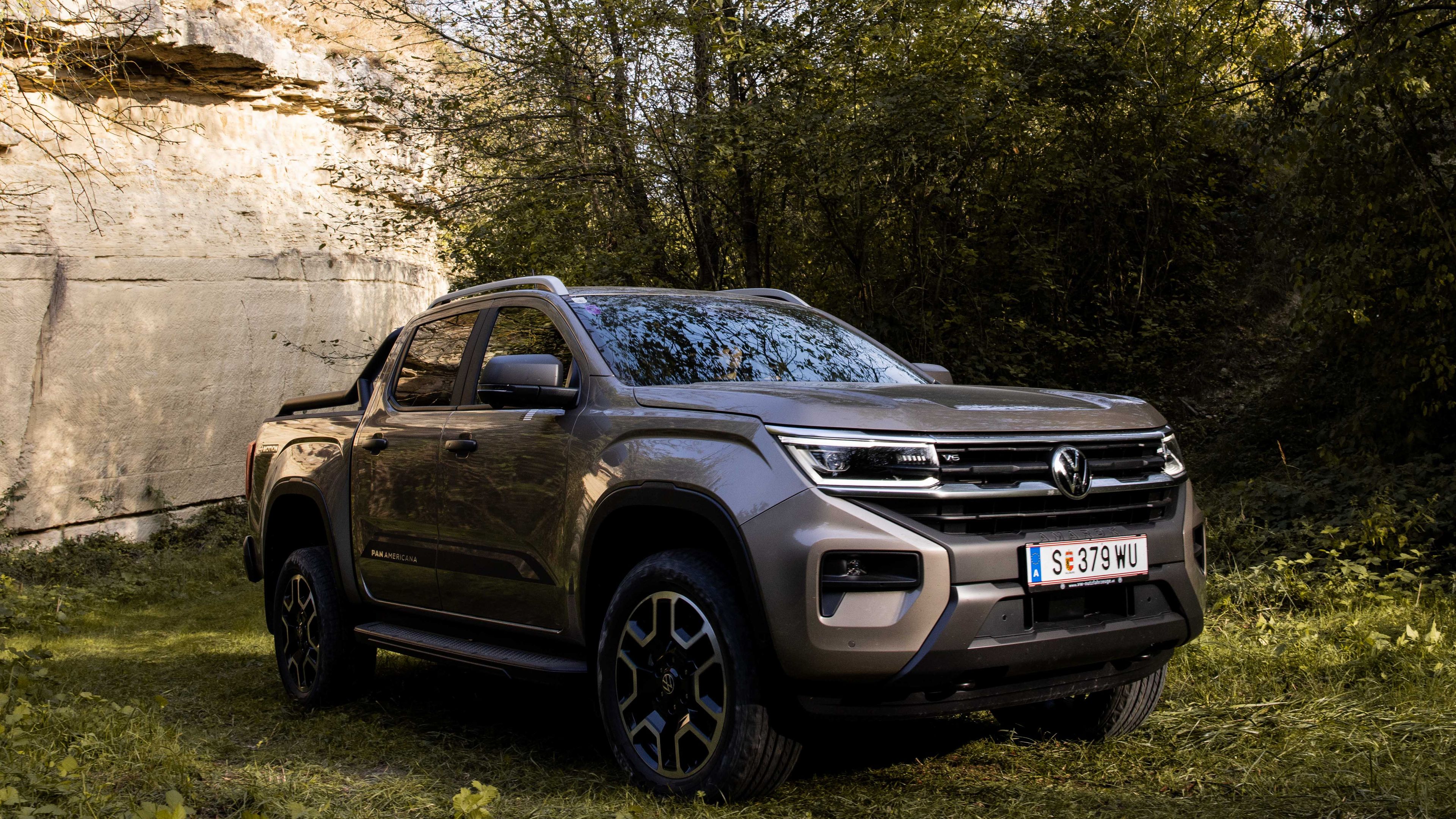 Der VW Amarok steht im Wald.