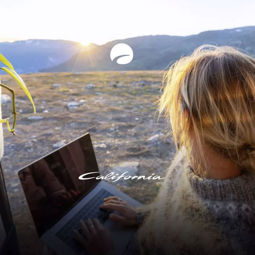 Eine Dame sitzt in ihrem VW California und genießt den Sonnenuntergang.