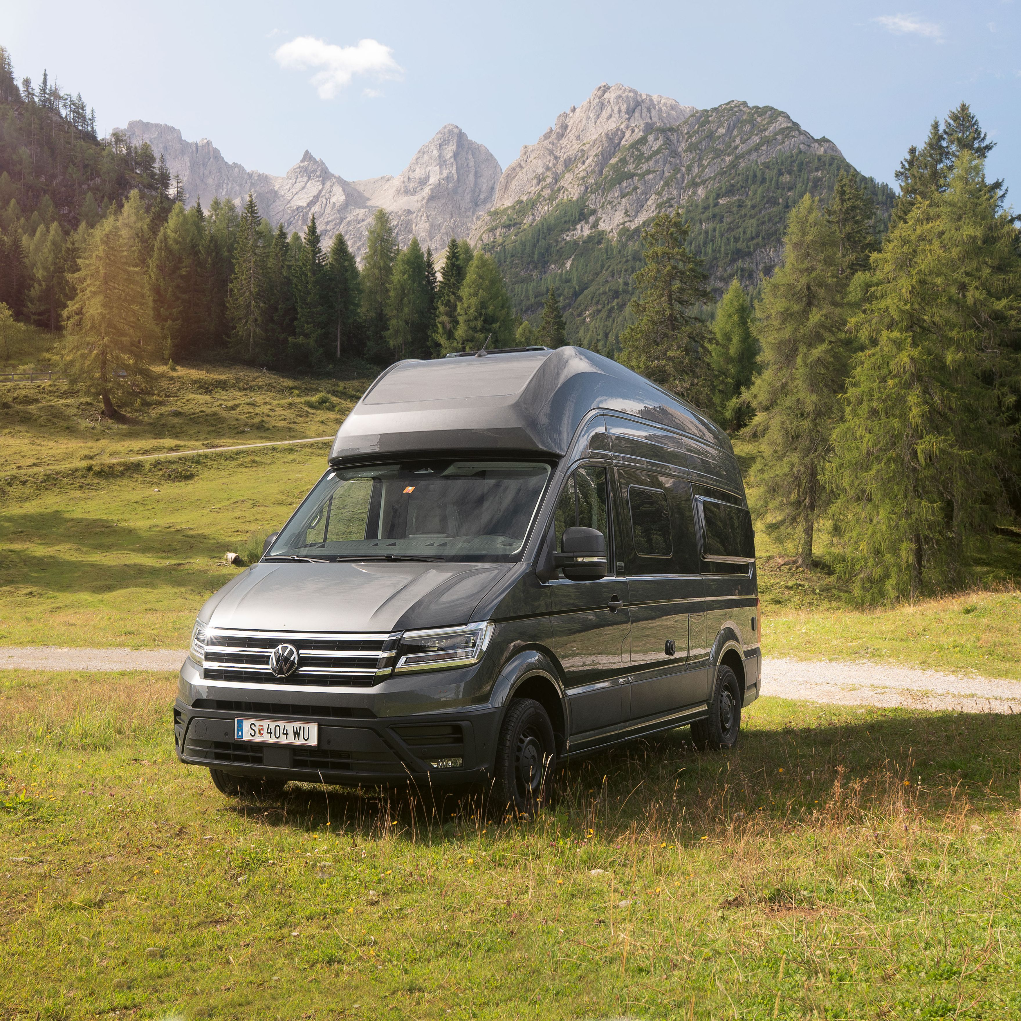 Ein silberner Wohnmobil-Van steht auf einer grünen Wiese vor einer malerischen Berglandschaft mit Bäumen und blauem Himmel.