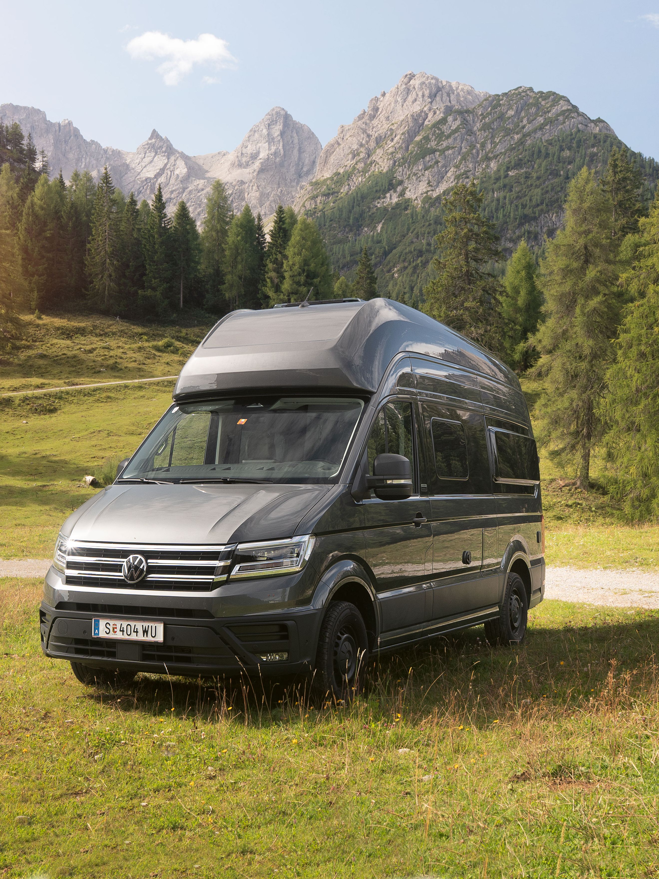 Ein silberner Wohnmobil-Van steht auf einer grünen Wiese vor einer malerischen Berglandschaft mit Bäumen und blauem Himmel.
