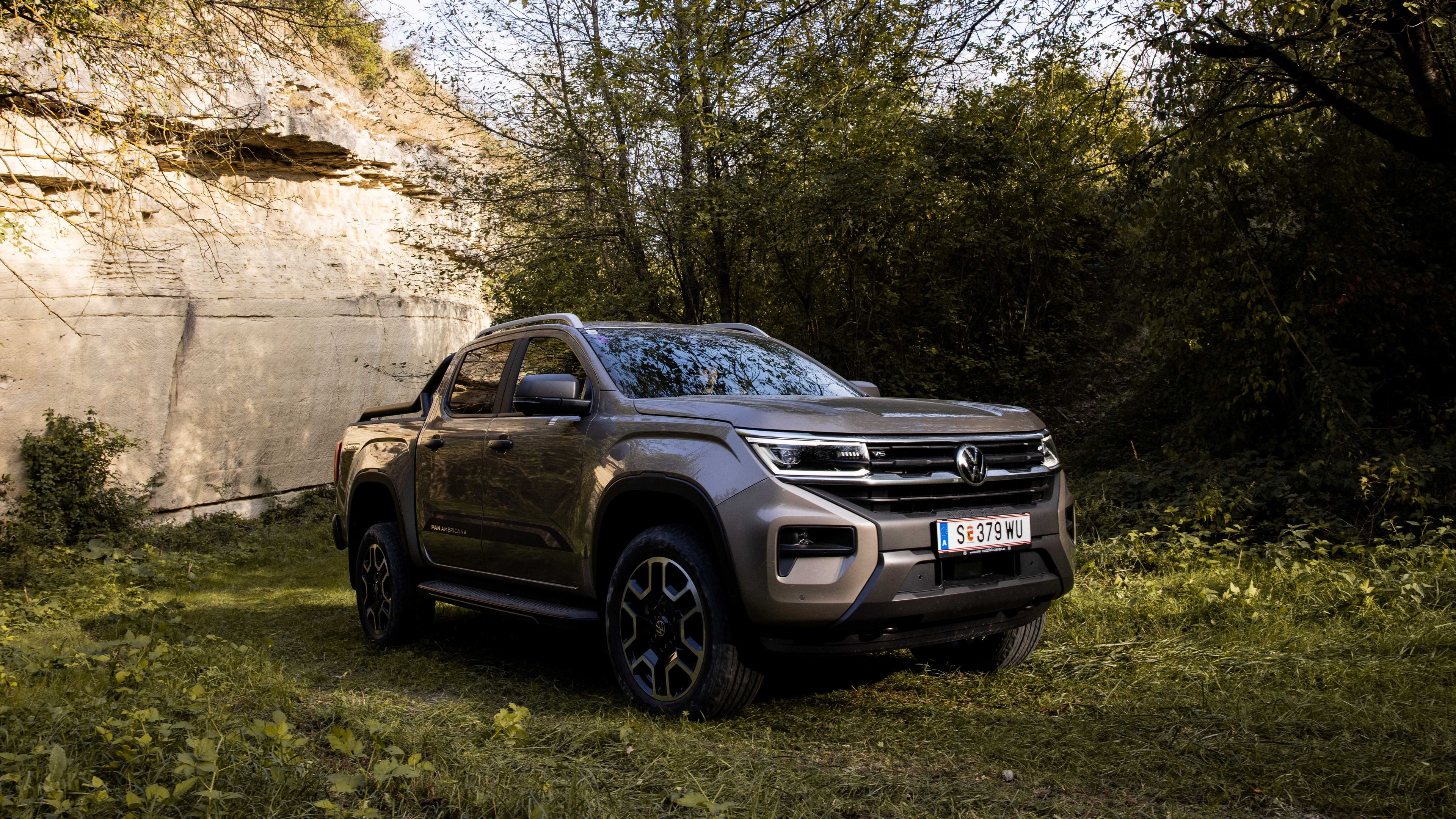 Der VW Amarok steht im Wald.