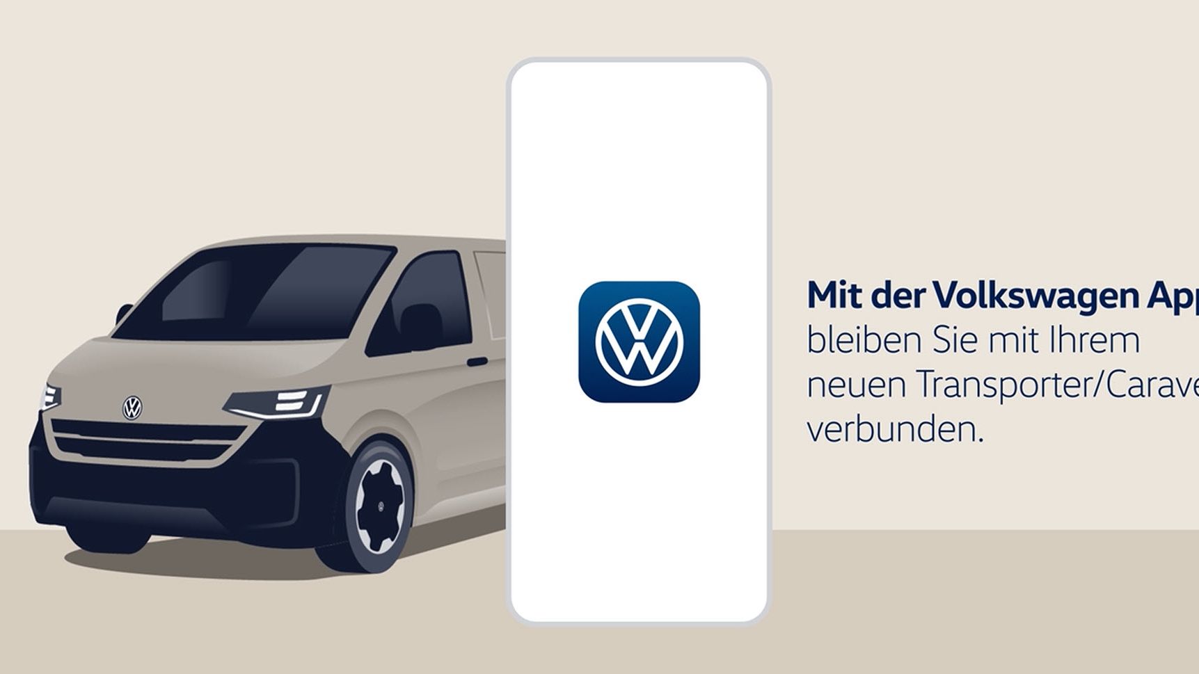 Ein Volkswagen Transporter und ein großes Smartphone mit dem Volkswagen Logo darauf. Text besagt, dass man mit der Volkswagen App mit dem neuen Transporter/Caravelle verbunden bleibt.