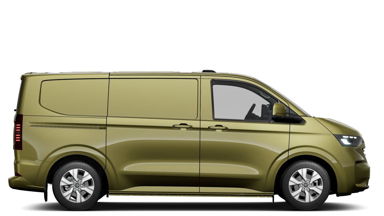 Ein grüner VW Transporter Kastenwagen von der Seite