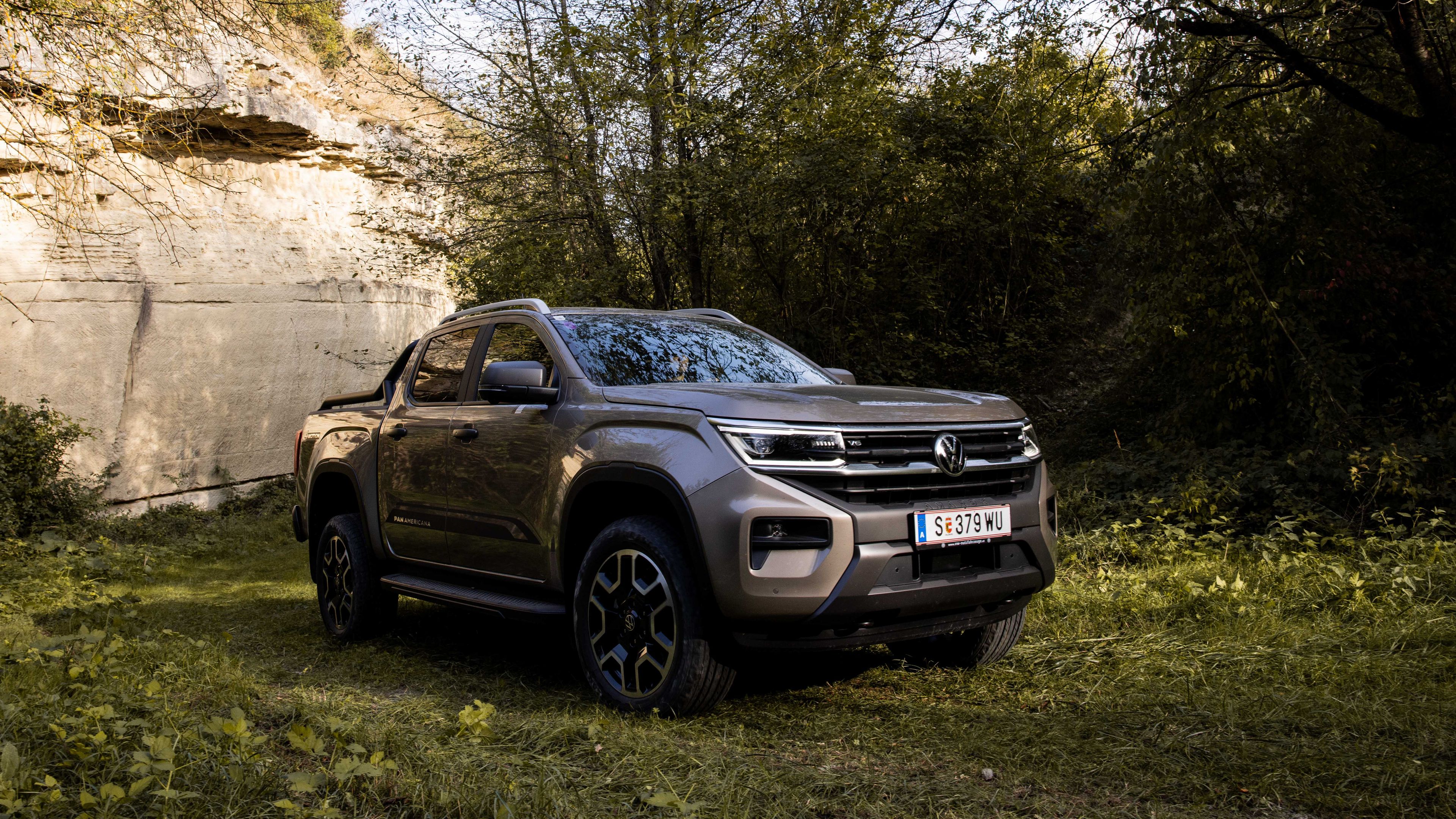 Der VW Amarok steht im Wald.